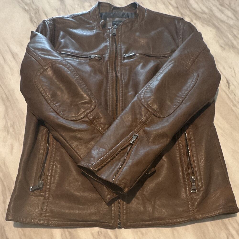 Pronto Uomo Men’s Brown Polyurethane leather Moto Jacket Full Zip Quilted Size L - Picture 2 of 8